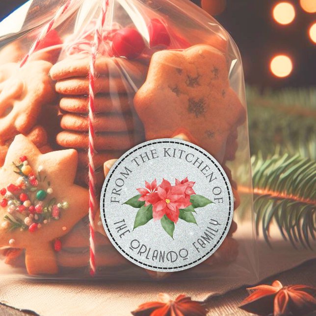 Red Poinsettia From the Kitchen Christmas Glitter Classic Round Sticker (Creator Uploaded)