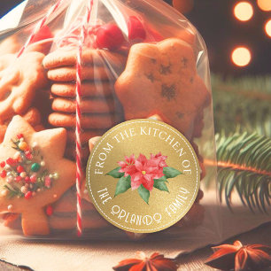 Red Poinsettia From the Kitchen Gold Christmas Classic Round Sticker