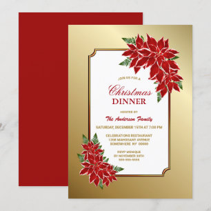 Red Poinsettia Gold Border Christmas Dinner Invitation