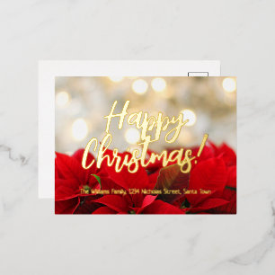 Red Poinsettia Gold Foil Script Happy Christmas Foil Holiday Postcard