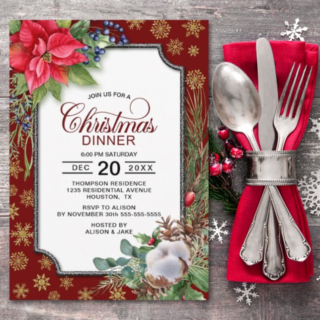 Red Poinsettia Gold Snowflakes Christmas Dinner Invitation (Creator Uploaded)