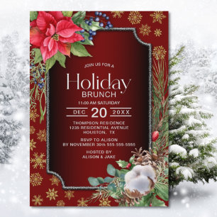 Red Poinsettia Gold Snowflakes Holiday Brunch Invitation