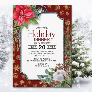 Red Poinsettia Gold Snowflakes Holiday Dinner Invitation