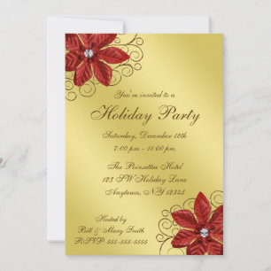 Red Poinsettia Gold Swirls Holiday Party Invitation