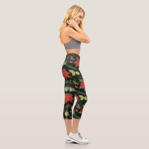 Red Poinsettia Green Holly Holiday Capri Leggings