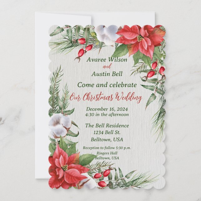 Red Poinsettia Green Leaves Christmas Wedding Invitation (Front)