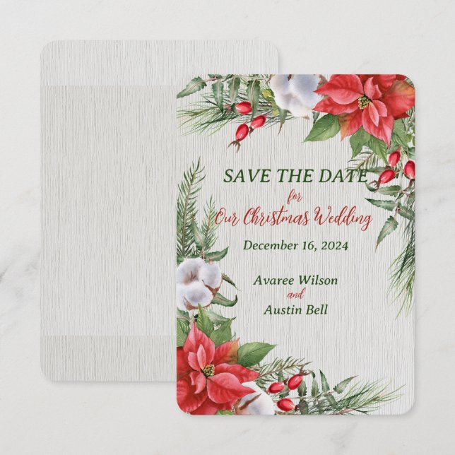 Red Poinsettia Green Leaves Christmas Wedding Save The Date (Front/Back)