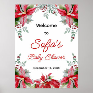 Red Poinsettia Greenery Baby Shower Welcome Sign