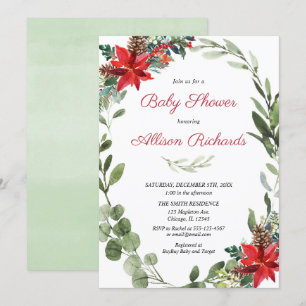 Red poinsettia greenery Christmas baby shower Invitation