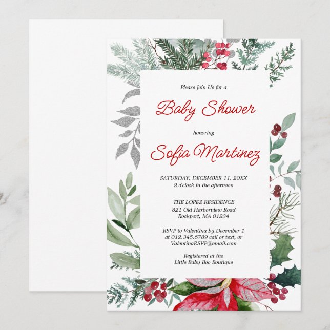 Red Poinsettia Greenery Christmas Baby Shower Invitation (Front/Back)