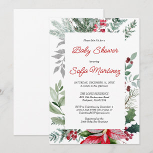 Red Poinsettia Greenery Christmas Baby Shower Invitation