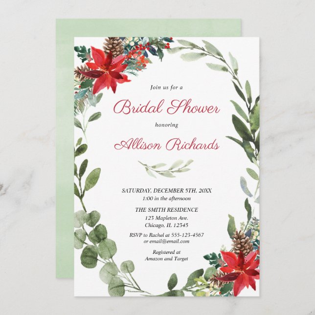 Red poinsettia greenery Christmas bridal shower Invitation (Front/Back)