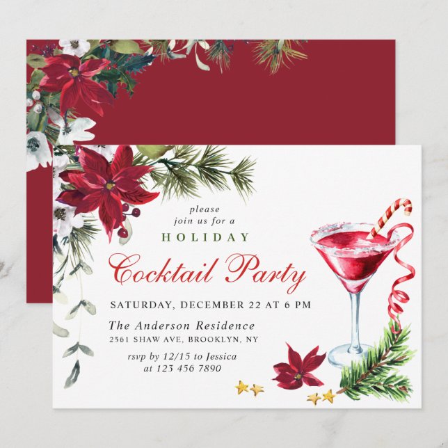 Red Poinsettia Holiday Christmas Cocktail Party Invitation (Front/Back)