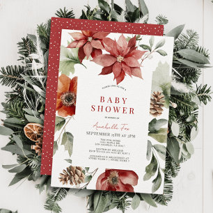 Red Poinsettia Holiday Floral Baby Shower Invitation