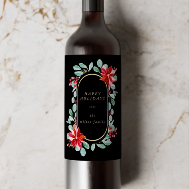 Red Poinsettia Holiday Floral Monogram Wine Label (Creator Uploaded)