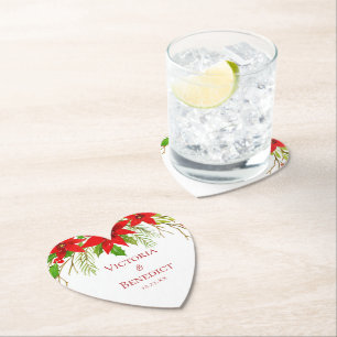 Red Poinsettia Holiday Wedding Custom Heart Paper Coaster