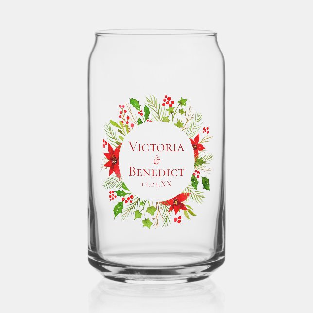 Red Poinsettia Holiday Wedding Personalised Can Glass (Front)