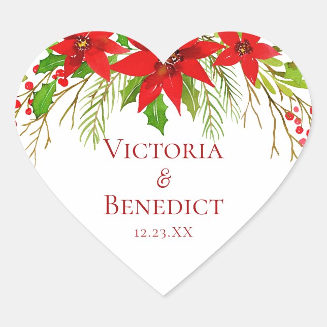 Red Poinsettia Holiday Wedding Personalised Heart Sticker (Front)