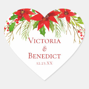 Red Poinsettia Holiday Wedding Personalised Heart Sticker
