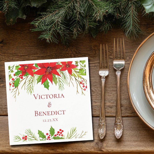 Red Poinsettia Holiday Wedding Personalised Napkin (Creator Uploaded)