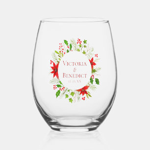 Red Poinsettia Holiday Wedding Personalised Stemless Wine Glass