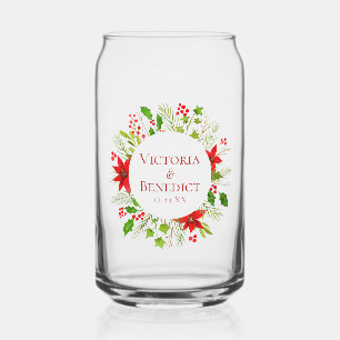 Red Poinsettia Holiday Wedding Personalized Can Glass