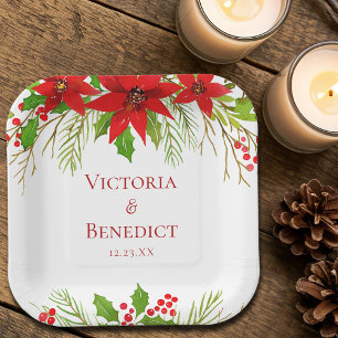 Red Poinsettia Holiday Wedding Personalized Paper Plate