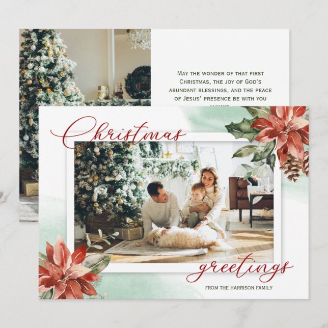 Red Poinsettia Holly 2 Photo Christmas Card (Front/Back)