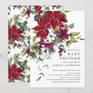 Red Poinsettia Holly Baby Shower Invitation