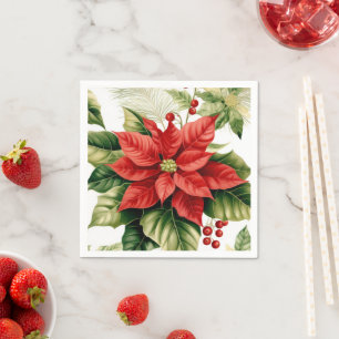Red Poinsettia Holly Berries Christmas Holiday Napkin