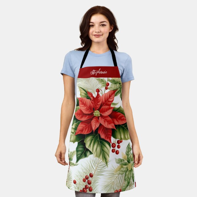 Red Poinsettia Holly Berry Christmas Personalised Apron (Worn)