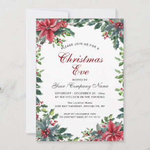 Red Poinsettia & Holly Berry Wreath Christmas Eve Invitation