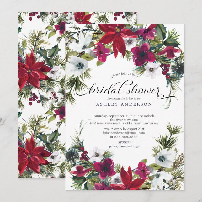 Red Poinsettia Holly Bridal Shower Invitation (Front/Back)