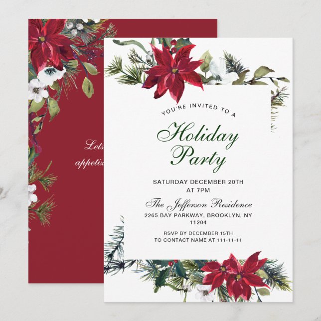 Red Poinsettia Holly Christmas Christmas Party Invitation (Front/Back)