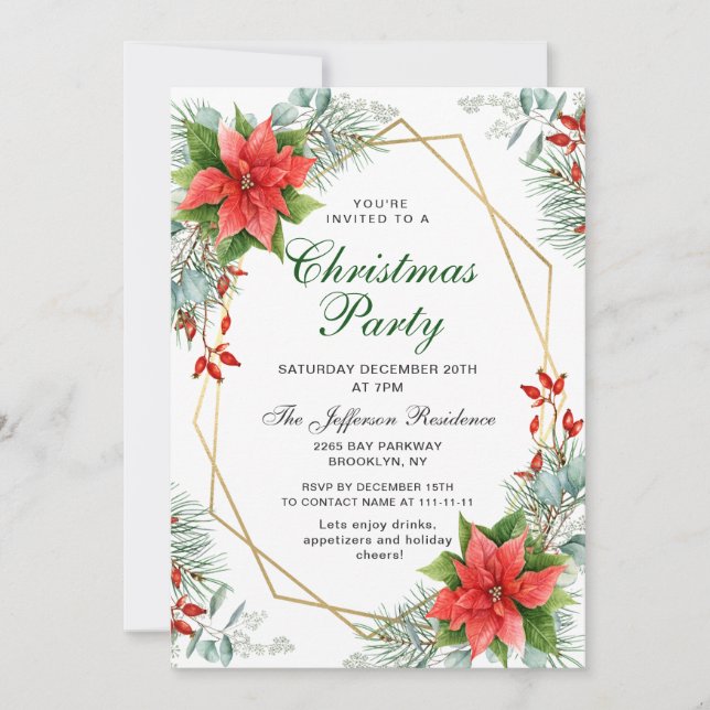 Red Poinsettia Holly Christmas Christmas  Party Invitation (Front)