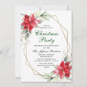 Red Poinsettia Holly Christmas Christmas Party Invitation