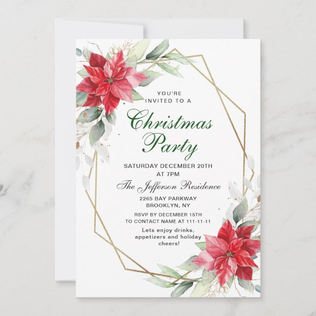 Red Poinsettia Holly Christmas Christmas  Party Invitation (Front)