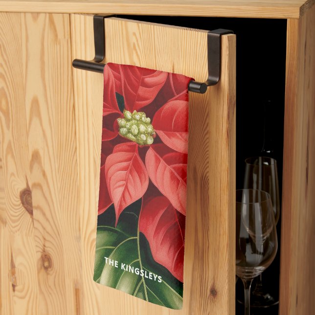 Red Poinsettia Holly Christmas Floral Personalised Tea Towel (Thirds Fold)