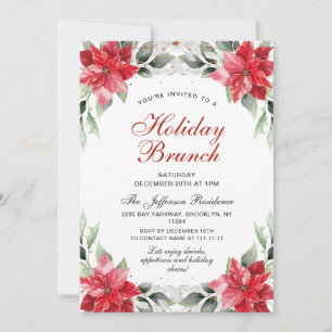 Red Poinsettia Holly Christmas Holiday Brunch Invitation