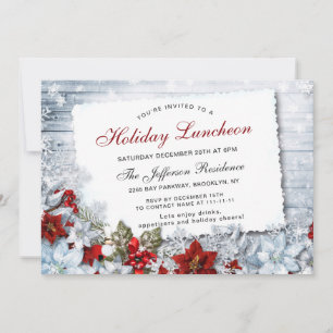 Red Poinsettia Holly Christmas Holiday Luncheon Invitation