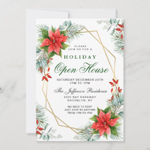 Red Poinsettia Holly Christmas Holiday Open House Invitation