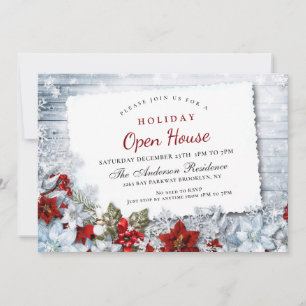 Red Poinsettia Holly Christmas Holiday Open House Invitation