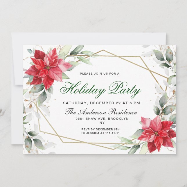 Red Poinsettia Holly Christmas Holiday Party Invitation (Front)