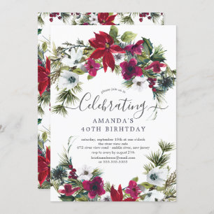 Red Poinsettia Holly Pine Birthday Party Invitation