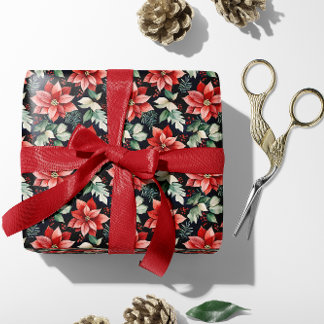 Red Poinsettia, Holly, Red Berries Christmas | Wrapping Paper