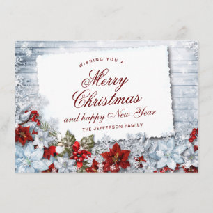 Red Poinsettia Holly Rustic Christmas Greeting Holiday Card