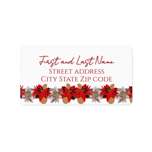 Red Poinsettia in Snow Holiday Card Label (Front)