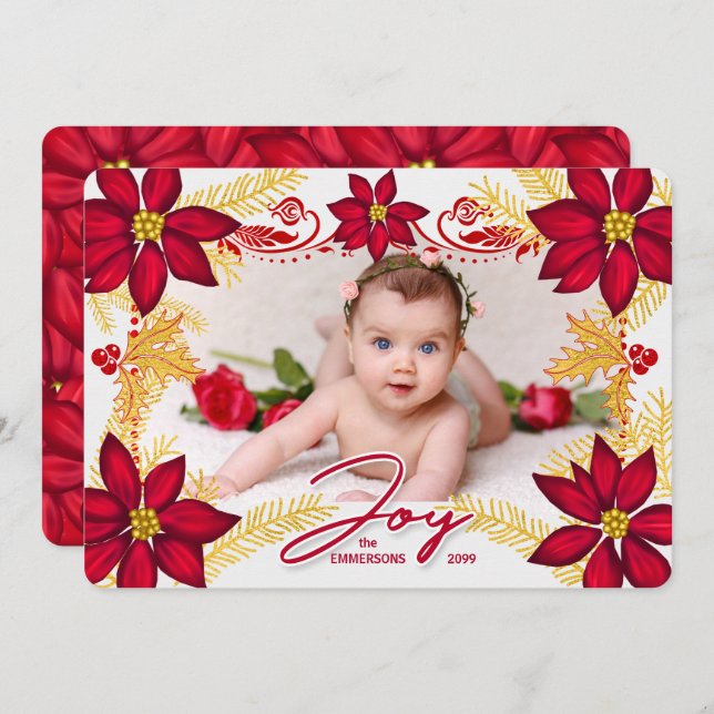 Red Poinsettia Joy and Gold Pine with Photo Holiday Card (Front/Back)