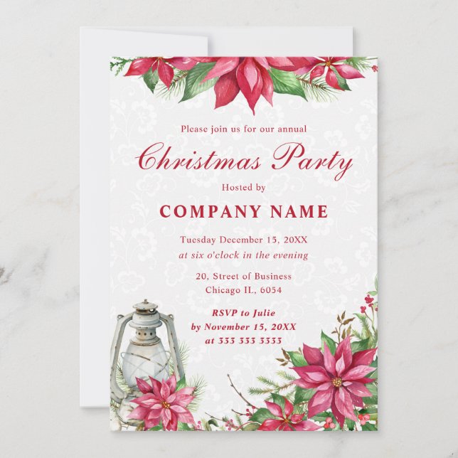 Red Poinsettia & Lantern Corporate Christmas Invitation (Front)