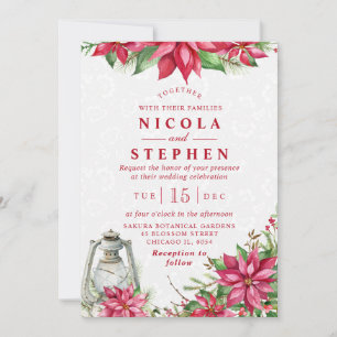 Red Poinsettia & Lantern Winter Wedding Invitation